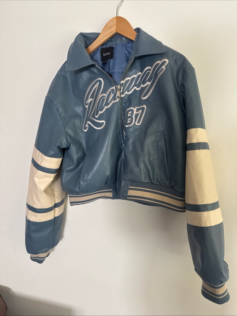 Boohoo Blue and Cream Racing Bomber Jacket
